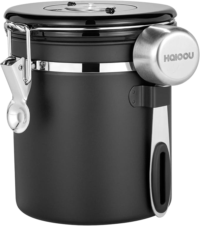 HAIOOU Airtight Coffee Canister, 16OZ Small Stainless Steel Coffee Bean Storage Container with Date Tracker, Measuring Scoop, CO2 Releasing Valves and Mini Tongs for Beans, Grounds and more - Black