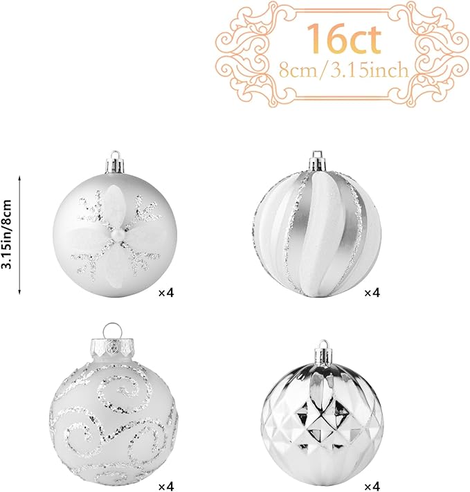 16Pcs Christmas Ball Ornaments Set, 3.15" Shatterproof Christmas Ornaments, Luxury Glitter Hanging Ornaments for Xmas Tree, Xmas Holiday, Party, Wedding (Silver)