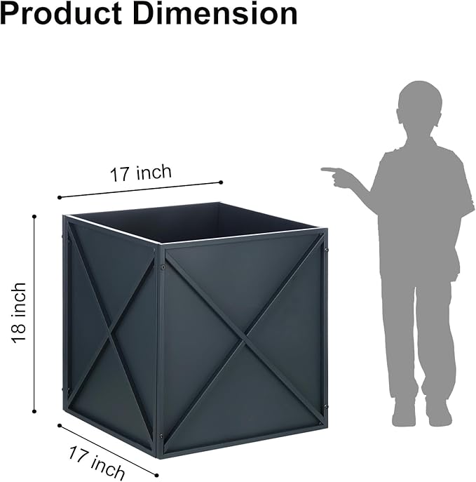 SUNNYPARK Large Metal Planter Box 17”x 17”x 18”, Square Modern Grey Metal Planter Box Heavy Duty with Drainage Holes for Outdoor Garden Patio