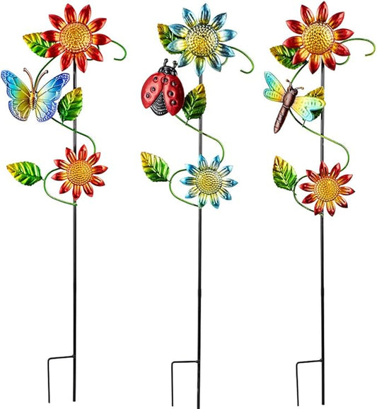 3 Pcs Sunflower＆Butterly＆Ladybug＆Dragonfly Decorative Garden Stakes,23.5 in Metal Sunflower Yard Art for Outside Decor,Spring Outdoor Decor for Mom,Women,Grandma
