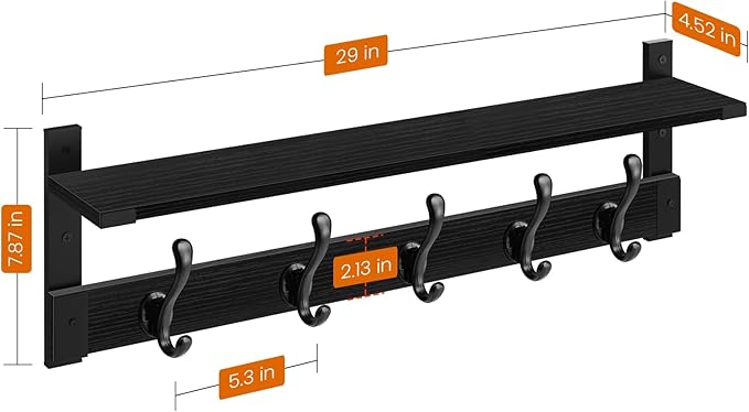 Homode Coat Hanger Wall Mount with Shelf, 29 in Hanging Rack with Storage, Entryway Shelf with Pegs for Hanging Coats, Hats, Towels, Purse, Robes, Black