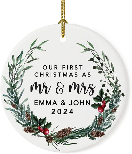 Andaz Press Personalized Our First Christmas As Mr. & Mrs. 2024 Christmas Ornaments Holly & Pinecone Wreath 2.8" Round Porcelain Ceramic 1St Year Married Custom First Christmas Married Ornament 1-Pack