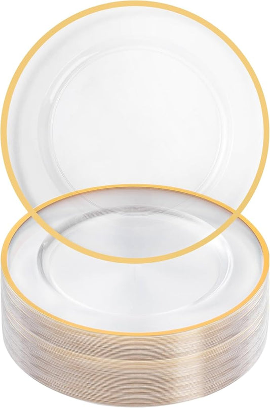 Goodluck 12 Inch Charger Plates, 50 Pack Clear Charger Plates with Gold Trim, Plastic Charger Plate Bulk for Dinner, Wedding, Party, Event Decoration, Clear&Gold