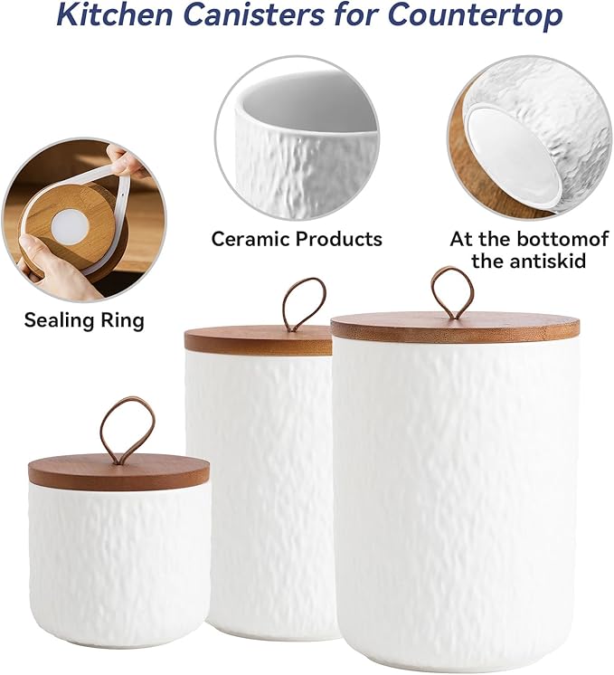 Kitchen Canisters for Countertop, Ceramic Coffee Canisters with Airtight Lids Food Storage Jars Sugar Container for Kitchen Counter Tea, Coffee Beans, Spice (#001White-Set of 3)