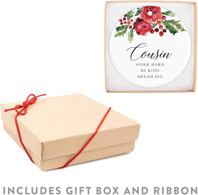 Andaz Press Round Ceramic Porcelain Christmas Tree Ornament Keepsake Gift for Cousins, Cousin Work Hard Be Kind Dream Big, 1-Pack, Includes Ribbon and Gift Box