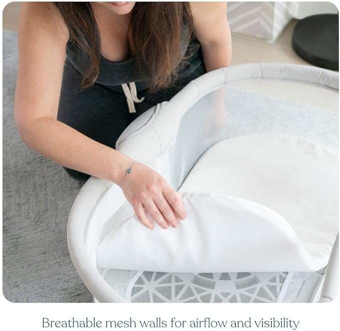 HALO BassiNest Soothing Swivel Sleeper 3.0S – Over-Bed Baby Bassinet with 360 Rotation, Adjustable Height, Breathable Mesh, Calm Sounds & Vibrations, Safe Close Sleeping, Lowering Wall for Easy Access