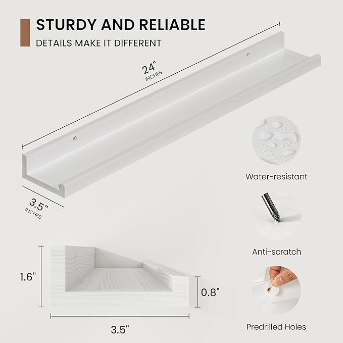 Picture Ledge Shelf, Solid Pine Wood Floating Shelves Set of 2, 24 Inches Nursery Book Shelves for Toys Storage, Kids Bookshelf Wall Mounted for Living Room Bedroom Decor Books Photo Frames, White