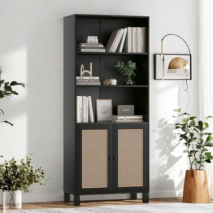 Tall Bookshelf, 5-Tier Book Shelf with 2 Rattan Doors, Freestanding Bookcase Display Shelves with Large Storage, Book Case for Living Room, Office, Study, Bedroom, 70.9 Inch
