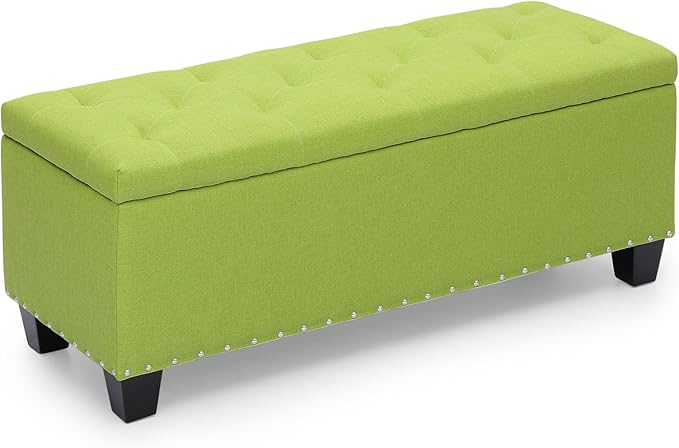 MoNiBloom 42 Inch Long Bench with Storage, Modern 40L Inner Space Green Linen Foot Stool for Bedroom, Upholstered Padded Rectangular Fabric Tufted Bench Footrest with Wood Legs with 660 Lbs Capacity
