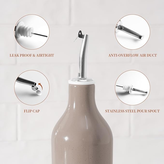 famiware Milkyway 16oz Ceramic Olive Oil Dispenser Bottle, Olive Oil and Vinegar Dispenser Bottle Set of 2 with Stainless Steel Pourers, Suitable for Storage Vinegar, Liquids, Cinnamon Brown