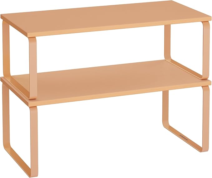 SONGMICS Cabinet Organizer Shelf, Set of 2 Kitchen Counter Shelves, Kitchen Storage, Spice Rack, Stackable, Expandable, Metal and Engineered Wood, Apricot UKCS200Y01