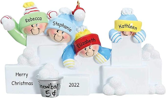 3D Snowball Fight Family of 4 Ornament 2025 Personalized Family Christmas Ornaments 2025 | Snowman Winter Holiday Personalized Tree Ornaments for Grandchildren, Siblings & Grandkids of Four Ornament