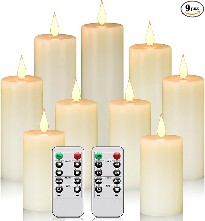 Flameless Battery Operated LED Candles 3D Wick with10 Key Button Remote Control 24-Hour Timer Set of 9 Electric Flickering Pillar Real Wax ApplyTo Party, Wedding,Dinner， Home Decoration