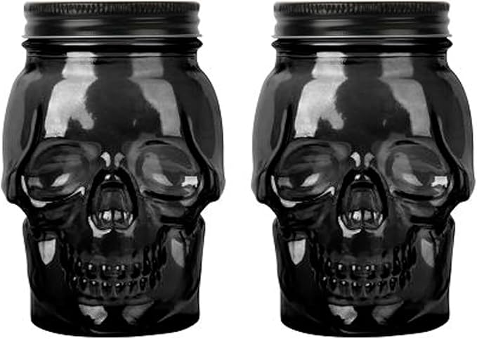 Set of 2 Skull Mason Jar Glasses with Lids | 42oz Reusable Halloween Drinking Glasses | Unique Skull Décor, Storage, & Canning Jars for Parties & Gifts