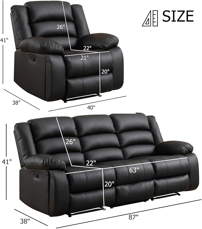 EBELLO Faux Leather Manual Recliner Sofa Set, 2 Recliner Chair, 3 Seat Reclining Sofa, Couch Set for Living Room, Bedroom, Meeting Room, Black (2Recliner+Sofa)