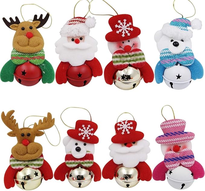 Happy Trees Christmas Tree Plush Ornaments Set for Xmas Home Party Decor, Christmas Hanging Snowman Elk Santa Claus Polar Bear Decorations with Metal Bells, 8 Pcs (Set of 8)