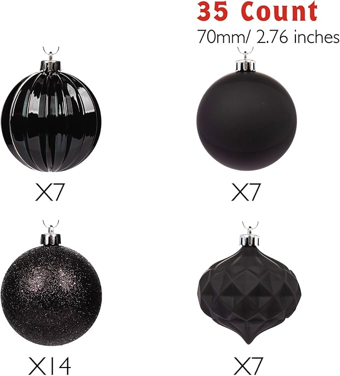Every Day is Christmas Ornaments, Shatterproof Christmas Tree Ornament Set, Christmas Balls Decoration 35 Count (2.75"/70mm, Black)