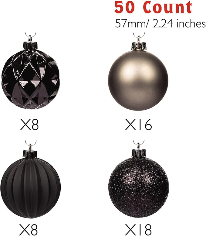 Every Day is Christmas Ornaments, Shatterproof Christmas Tree Ornament Set, Christmas Balls Decoration 50 Count (2.24"/57mm, Black Grey)