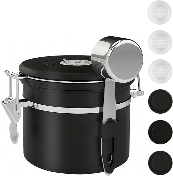 ShanSon Coffee Canister Airtight Coffee Container Stainless Steel Coffee Bean Storage Container with Scoop Coffee Canister for Beans Grounds Sugar Flour Tea Cereal,11OZ, Black