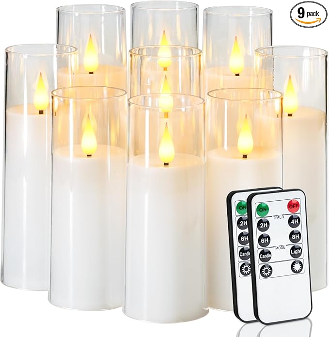 Amagic Pure White Flameless Candles, 9 Pack Battery Operated Candles with Remote and Timer, Acrylic Flickering Electric LED Candles for Wedding, Holiday Decor, D2.2''xH5''6" 7", Warm Yellow Glow