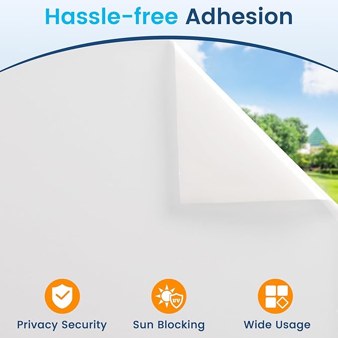 DOWELL Window Privacy Film, Frosted Glass Window Film, Static Cling Non-Adhesive Glass Clings, Sun Blocking Opaque Door Coverings, Reusable Door Sticker for Bathroom Home Office, White, 17.5" x 118.1"