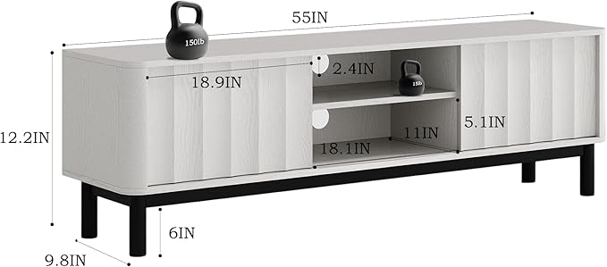 White Mid Century Modern TV Stand, Wood Fluted Living Room TV Stands with Storage Sliding Doors, Desert-Inspired Design MCM Entertainment Center for 55 60 65 70 75 55+ 60+ 65+ 70+ Inch