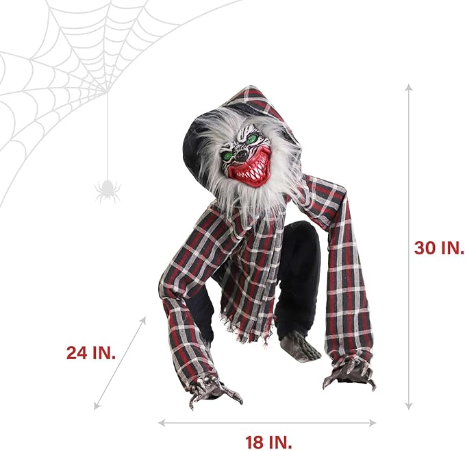 Haunted Hill Farm Squatting Werewolf Animatronic with Movement,Sounds,and Light-Up Eyes for Scary Halloween Decoration,24 x 18 x 30