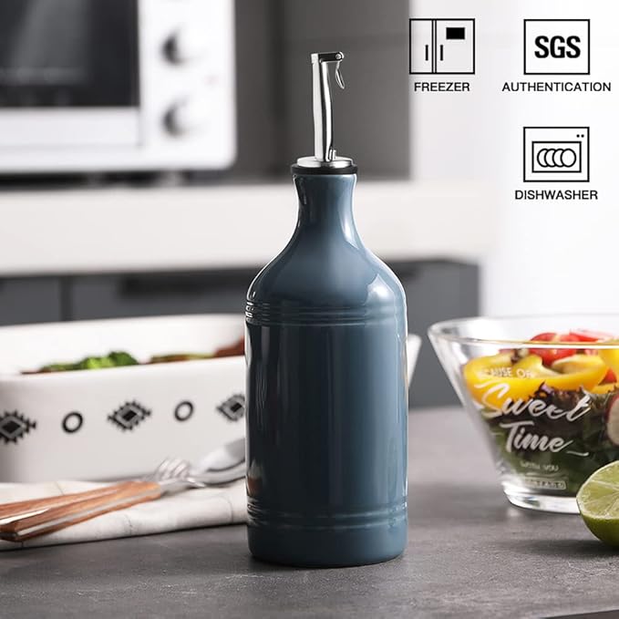 Sweejar Ceramic Olive Oil Dispenser Bottle, Opaque Oil Cruet Protects Oil to Reduce Oxidation, Suitable for Storage Oil, Vinegar, Coffee Syrups & Other Liquids, Pack of 1, 15.5 Fl Oz (Fog Blue)