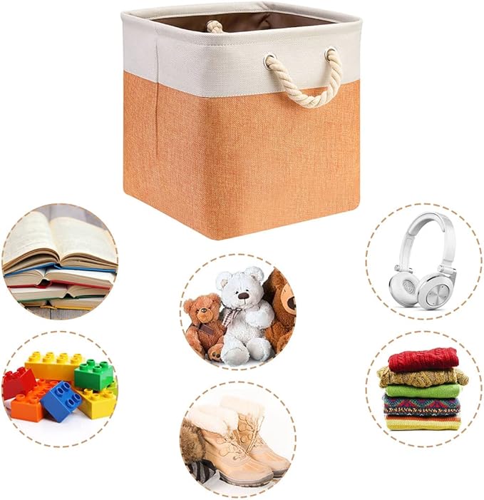 i BKGOO 3Pack Large Foldable Storage Bins，Collapsible Sturdy Cationic Fabric Organizing Storage Basket Cube with Cotton Handles for Home Office Shelf Clothes Toys Beige-Orange 13×13×13 inch