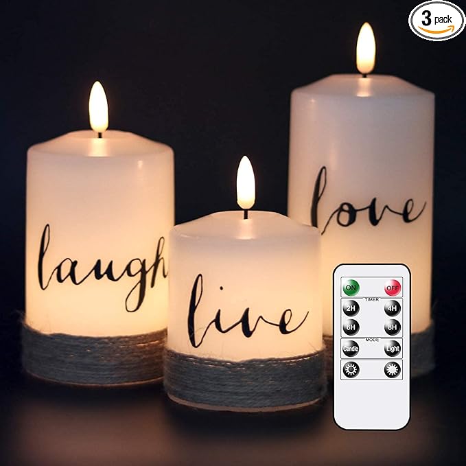 GenSwin Flameless LED Candles with Hemp Rope & Remote Timer, Real Wax Battery Operated Pillar Candles Live Laugh Love, Realistic 3D Wick Flickering Gift (D3 x H4.7 5.7" 6.7", Pack of 3)