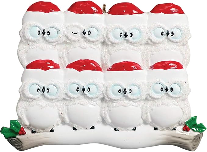 3D Owl Family of 8 Christmas Ornament 2025 Personalized Family Christmas Ornaments 2025 | White Holiday Keepsake Personalized Tree Ornaments Customizable Gifts Woodland Owls of Eight Ornament Holly