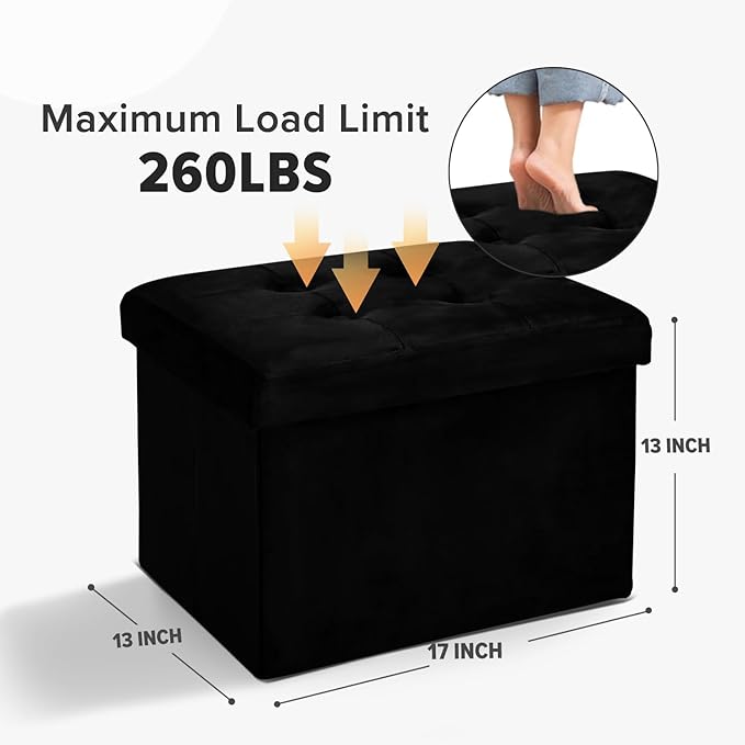 LINMAGCO Storage Ottoman Folding Foot Stool Velvet Foot Rest with Padded Modern Ottoman with Storage for Living Room Puppy Step Stool 17x13x13in(Black)