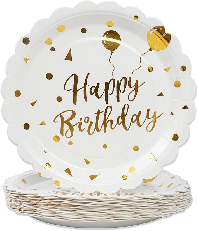50PCS Happy Birthday Paper Plates - 7 Inch Birthday Cake Plates Scalloped White and Gold Dessert Plate Disposable Decorative Party Tableware Decorations for Birthday's Party Supplies