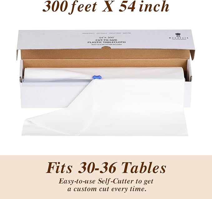 Goodluck 54 Inch X 300 Feet Plastic Table Cloths with Cutter Box, White Disposable Table Cover Roll, Plastic Tablecloth for Party, Banquet, Wedding, Birthday, Anniversary