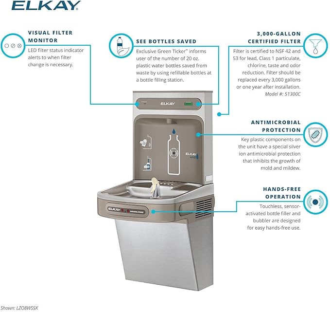 Elkay LZO8WS EZH2O Refrigerated Single Drinking Fountain with Bottle Filling Station and Hands Free Activation - Stainless Steel