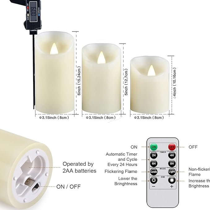 Flameless Battery Operated LED Candles with10key Button Remote Control 24-Hour Timer Set of 3 Electric Flickering Pillar Real Wax，Wedding, Party, Christmas and Home Decoration