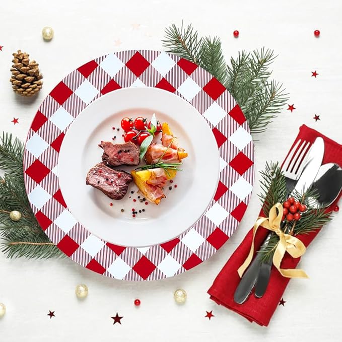 Henilosson Round 13 inch Charger plate - red and white Checkered Design Plate Charger - Christmas and New Year Placemat (6, red+white)