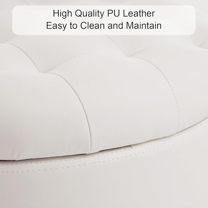 Furniliving Upholstered Button Tufted Round Ottoman, PU Storage Ottoman Round, Removable Lid Convenient Footstools, Classic Ottoman with Storage for Vanity, Nursery Room，IvoryWhite