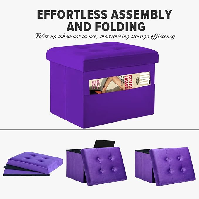 LINMAGCO Storage Ottoman Folding Foot Stool Foot Rest with Side Pocket Modern Ottoman with Storage Short Sofa Stool Velvet 17x13x13(Purple)