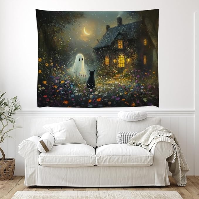 Halloween Black Cat and Ghost Tapestry Wall Hanging for Spooky Cute Bedroom Decor Dark Academia Moon Wildflower Cottage Tapestries Aesthetic for Home Living Room Decoration 60x80inch