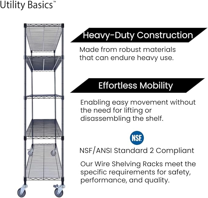 60"x18"x72" Black 5-Tier Premium Wire Shelving NSF 4000 LBS MAX Capacity Heavy Duty Steel Storage Rack for Warehouses, Garages, Hospitals, Commercial Spaces, & Schools w/Premium Wheels