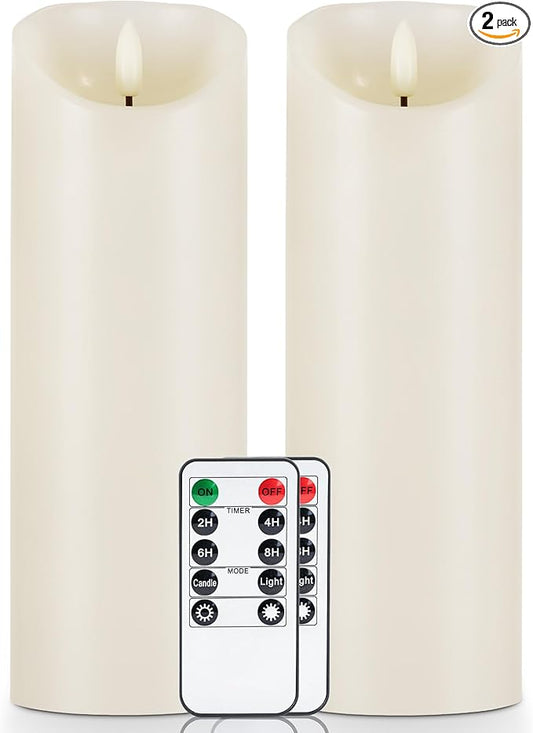 5plots 9" x 3" Flickering Flameless Candles - Battery Operated Wax LED Candles - Amber Yellow Light with Remote and Timers Set of 2, Ivory, for Home Decor, Candle Sconces