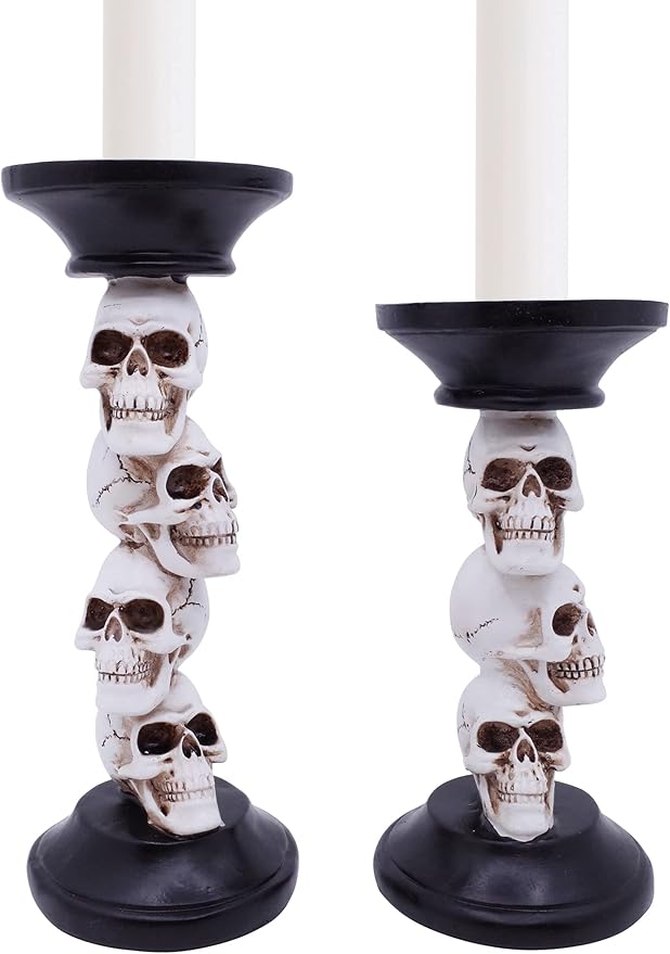 Etistta Halloween Skull Candle Holder for Fireplace Decorations, 9.5 Inch Tall Polyresin Candlestick Holders, White Bones Black Candlesticks for Decor, Set of 2