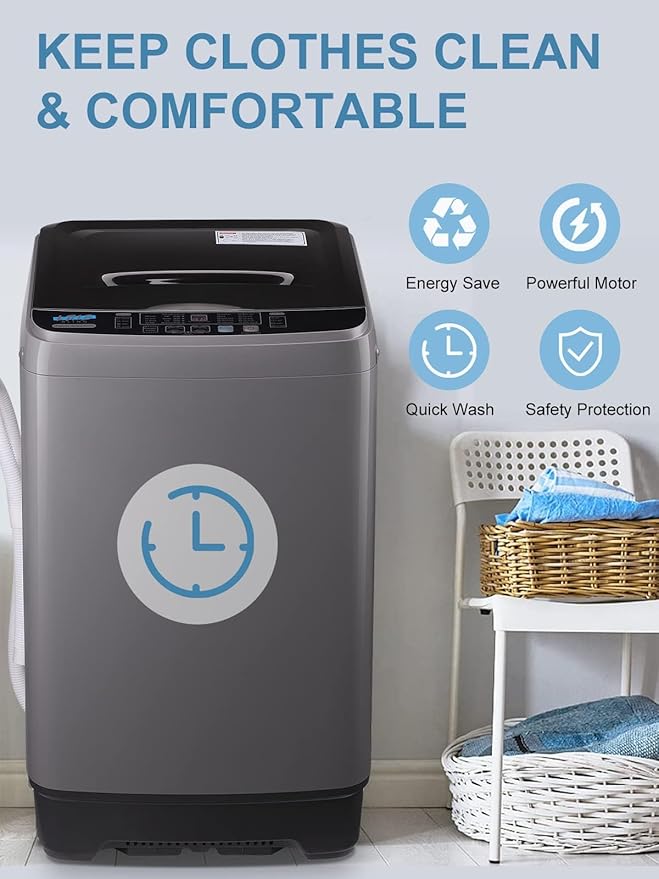 Full-Automatic Washing Machine 17.7 lbs Small Compact Portable 10 Wash Program & 8 Water Level Compact Washer with LED Display Ideal for Apartments, RV, Camping, Grey (KB03-GREY6)