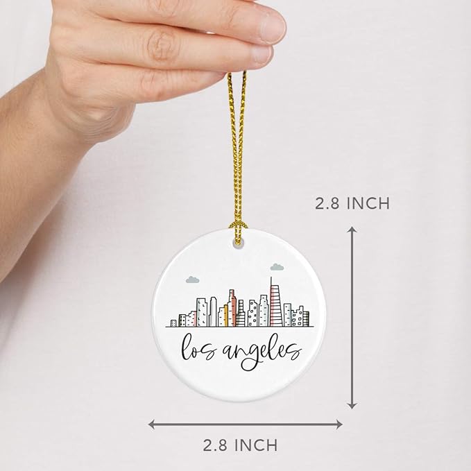 Andaz Press Round Ceramic Porcelain Christmas Tree Ornament Keepsake Gift, Los Angeles, Colorful City Skyline Graphic, 1-Pack, Birthday Ideas Family Coworker Him Her, Includes Gift Box