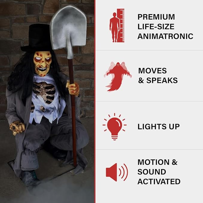 Haunted Hill Farm Motion-Activated Crouching Grave Digger by Tekky, Talking Halloween Animatronic for Indoor or Covered Outdoor Creepy Halloween Decorations, Plug-in or Battery Operated Fright Props