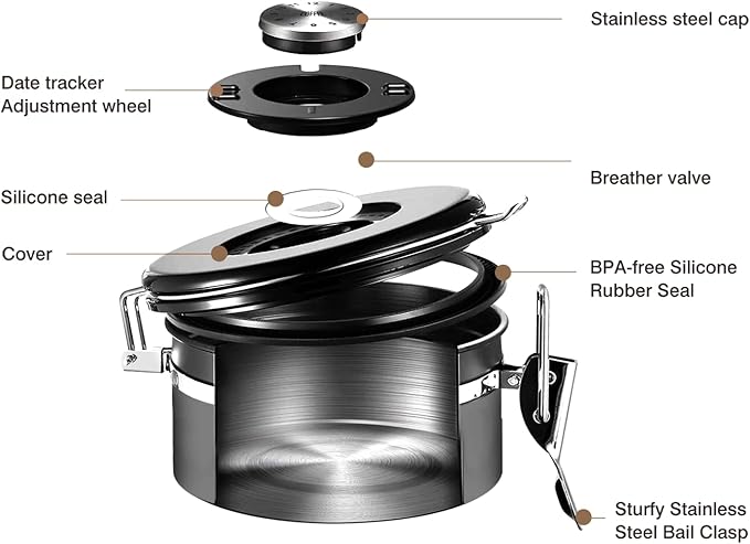 malmo Coffee Canister, Airtight Coffee Container with Date Tracker Lid, Stainless Steel Canister for Kitchen Food Storage (Gary, 9oz)