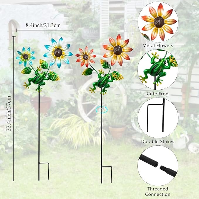 3 Pack Frog＆Flowers Garden Stakes Decor,Metal Yard Art Decorative Garden Stakes,Metal Flowers Spring Outdoor Decor for Mom,Women,Grandma