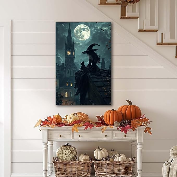 Halloween Witch Black Cat Wall Art,Magical Moon Witch on Roof with Black Cat at Night Scene Painting Haunting Dark Witches Canvas Print for Haunted House Party Decor Poster,24"x36" Framed