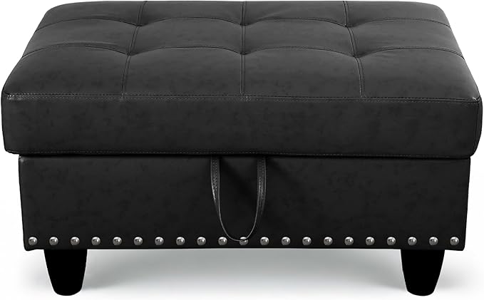Ottoman Rectangular Storage Ottoman Bench, Faux Leather Footrest, Coffee Table, Stool Footstool with Hinged Lid for Living Room, Bedroom, Entryway, Black, 28.5"x19"x17.5"